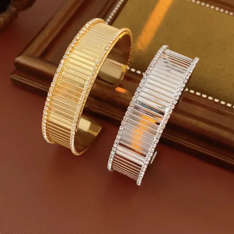 Luxe Manchet Armband Koper Verticale Streep Textuur Dubbele Rij Ingelegd Zirkoon Mode Armband Voor Vrouwen