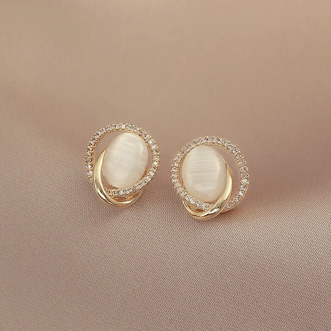 Pendientes De Botón Con Piedra De Ojo De Gato Aleación Brillantes Elegante Retro Francés Con Poste De Plata 925