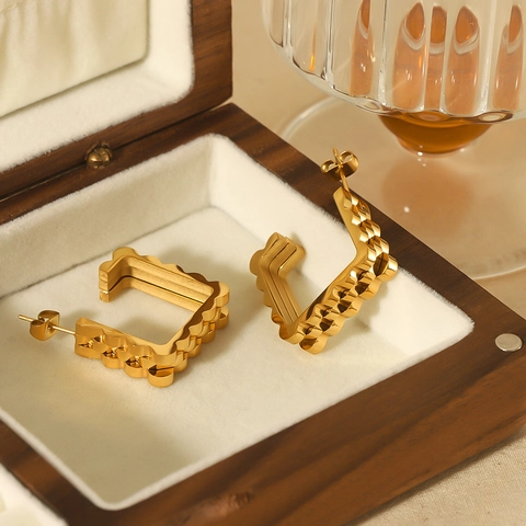 Vintage Geometric Square Stud Earrings 18K Gold Plated Stainless Steel Texture U Shape Fashion Jewelry For Women