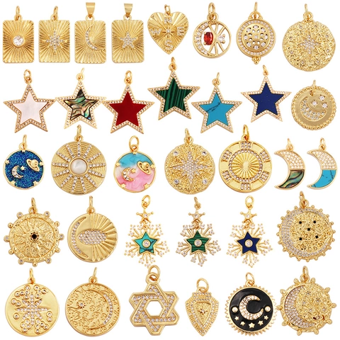 Celestial Charms Pendants Star Moon Sun Compass Copper Zirconia Natural Shell For DIY Jewelry Making Crafts