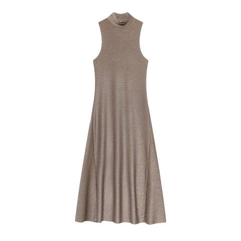 Elegantes Ärmelloses Maxikleid Mit Stehkragen Schimmerndem Metallischem Lurex-Strick Für Damen Partyabend