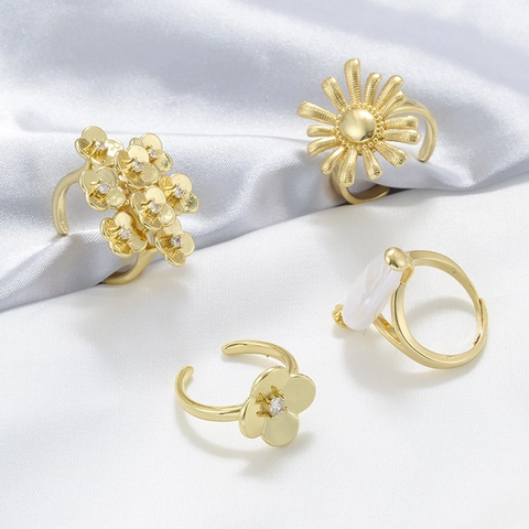 French Vintage Copper Zirconia Artificial Pearl Flower Open Rings Adjustable Sunflower Floral Finger Jewelry For Women