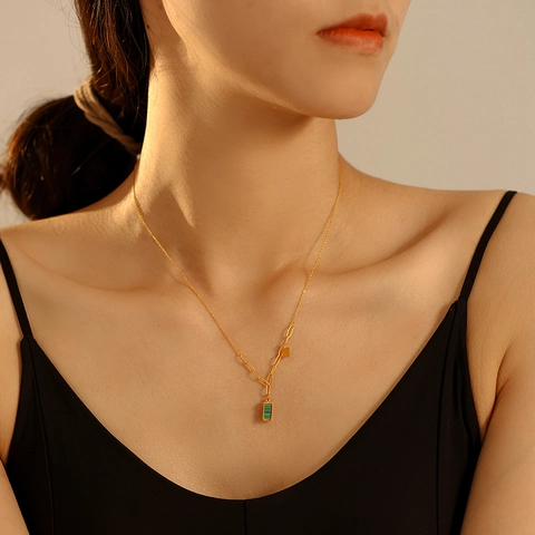 Collar con Colgante Cuadrado de Malaquita Rayada Acero Inoxidable PVD Chapado en Oro Cadena Paperclip Joyería Mujer Vintage Minimal