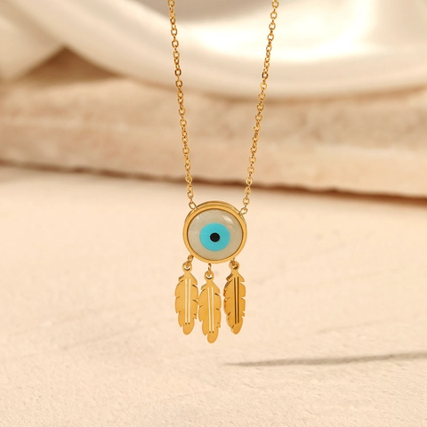 Evil Eye Pendant Necklace Stainless Steel Gold Plated Bohemian Vintage Ethnic Feather Charms Jewelry For Women