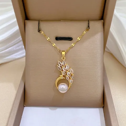 Collar Colgante Pavo Real Chapado Oro Acero Inoxidable Cobre Micro Pave Circonita Perla Artificial Joyas Elegantes Mujer