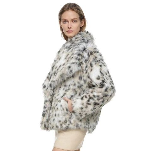 Damen Leopardenmuster Kunstpelzmantel Flauschig Winter Verdickt Warm Langarm Revers Mode Oberbekleidung Mantel