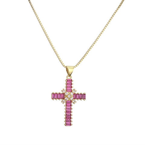 Collana Pendente Croce Rame Placcato Oro Con Zirconia Cubica Colorata Gioielli Di Moda Religiosi Per Uomo Donna