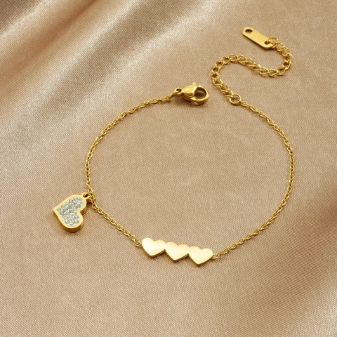 Pulsera De Corazón De Acero Inoxidable Chapado En Oro Para Mujer Con Colgante De Circonita Joyería De Moda