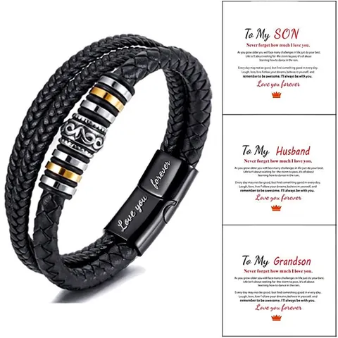 Multi-layer Braided Leather Bracelet With Stainless Steel Magnetic Clasp Engraved Love You Forever Gift For Men