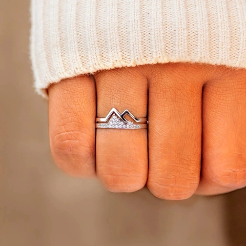 Koperen Zirconia Dubbellaagse Berg Hart Open Ring Voor Vrouwen Minimalistisch Witgoud Verguld Mode Sieraden Vingerring Cadeau