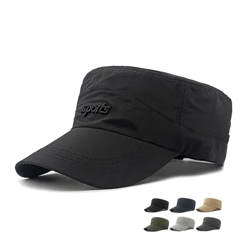 Men Cadet Cap Polyester Quick Dry Flat Top Hat Sun Protection Long Brim Outdoor Hiking Sports Adjustable