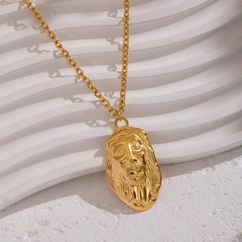 Collar Con Colgante De Relieve Retrato De Jesús Chapado En Oro De 18K Acero Inoxidable 304 Impermeable Hipoalergénico