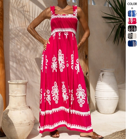 Vestito Maxi Bohemien Da Donna Corpetto Arricciato Senza Maniche Stampa Floreale Scollo Quadrato Vacanze Spiaggia Linea A Con Tasche