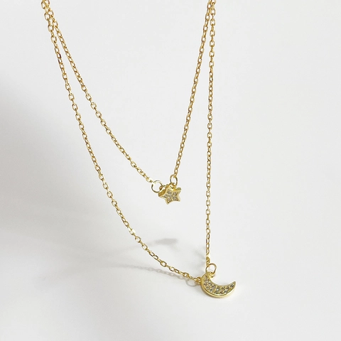 Layered Necklace 925 Sterling Silver 18K Gold Plated Star Moon Pendant Cubic Zirconia Minimalist Jewelry For Women