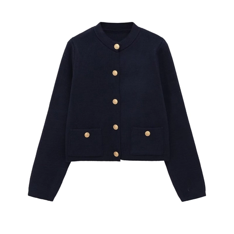Damen Elegant Rundhalsausschnitt Strickjacke Mit Goldenen Knöpfen Langarm Casual Einfarbig Pullover Mantel
