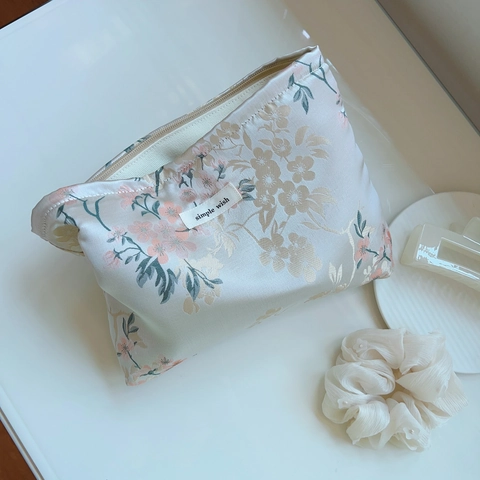 Beauty Case In Raso Vintage Jacquard Floreale Borsa Cosmetici Donna Quotidiano Viaggio Portatile Chiusura Lampo