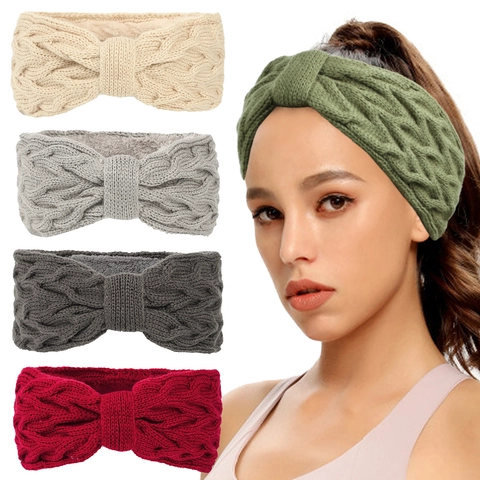 Winter Warme Gebreide Hoofdband Fleece Gevoerd Strik Kabelpatroon Oorwarmer Elastische Haarband Voor Vrouwen