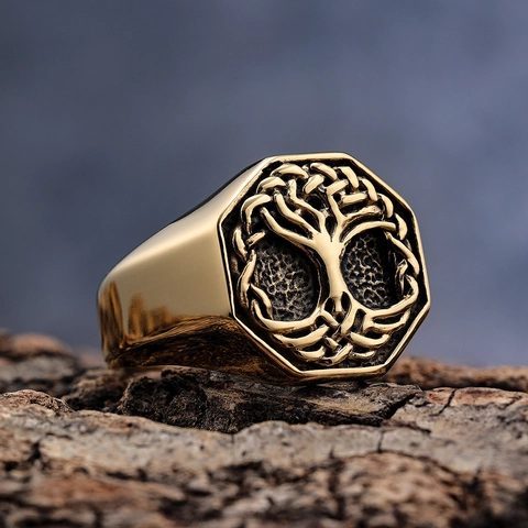 Anello Sigillo Albero Della Vita Acciaio Inossidabile Vintage Punk Ottagonale Yggdrasil Gioielli Per Uomo