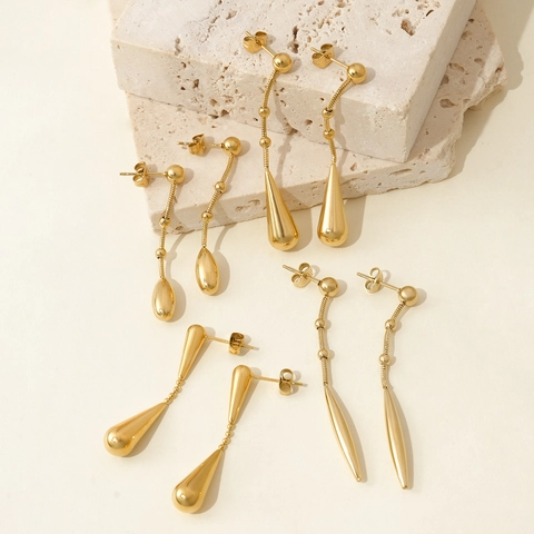 Edelstahl Lange Hängeohrringe Gold Vergoldet Wassertropfen Tassel Spiegelglanz Einfacher Eleganter Schmuck Damen