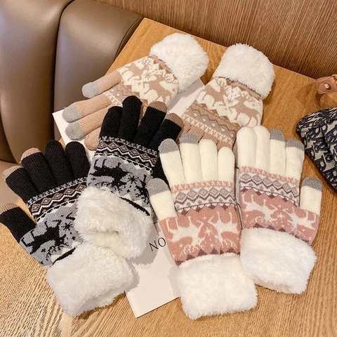 Winter Strickhandschuhe Für Damen Mit Kunstpelz-Bündchen Touchscreen Rentier Schneeflocke Muster Warm Outdoor