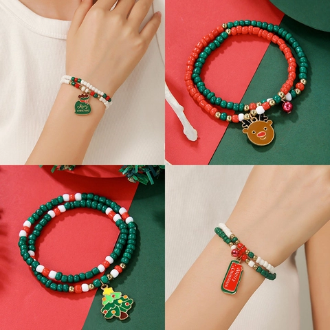 Christmas Beaded Bracelet Double Layer Alloy Enamel Santa Reindeer Tree Charms Holiday Party Jewelry For Women Girls