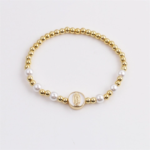 Virgin Mary Medallion Pendant Beaded Bracelet Copper Beads White Faux Artificial Pearl Religious Jewelry Bohemian Style