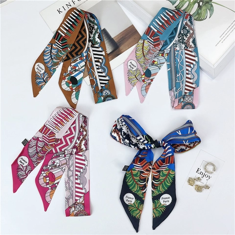 Sciarpa Lunga Stretta Raso Sintetica Stampa Etnica Nastro Capelli Manico Borsa Retro Motivo Geometrico Donna