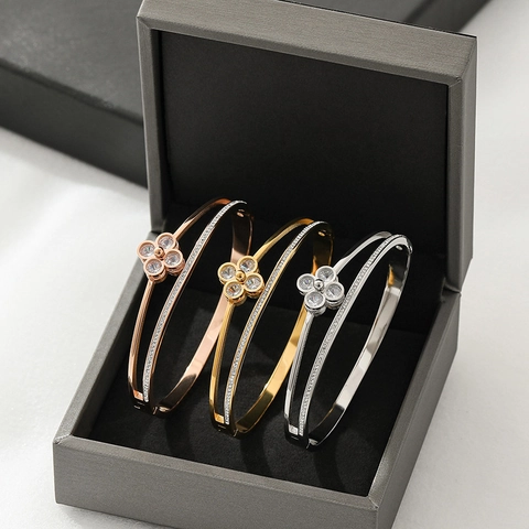 Stainless Steel Cuff Bangle Bracelet Women Double Layer Clover Zircon Inlaid Fashion Jewelry Lucky Flower Elegant Open