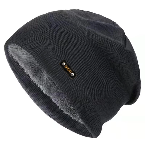 Winter Knitted Beanie For Men Thick Acrylic Hat With Fleece Lining Sport Leather Label Outdoor Warm Cold Weather Skull Cap