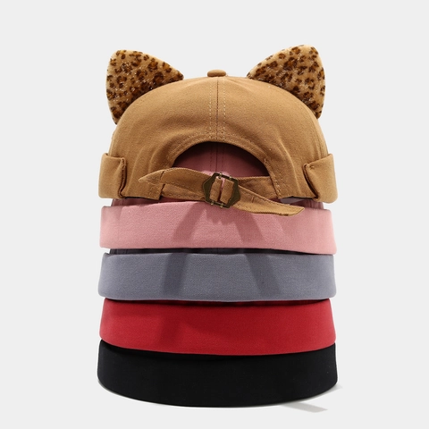 Docker Hat With Leopard Print Cat Ears Cotton Brimless Miki Hat Adjustable Retro Sailor Cap For Women Cute Harajuku Style