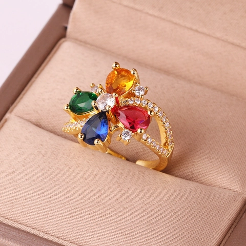 Anillo Flor Cobre Zirconia Cúbica Multicolor Micro Pavé Ajustable Abierto Chapado En Oro Joyería Moda Mujer