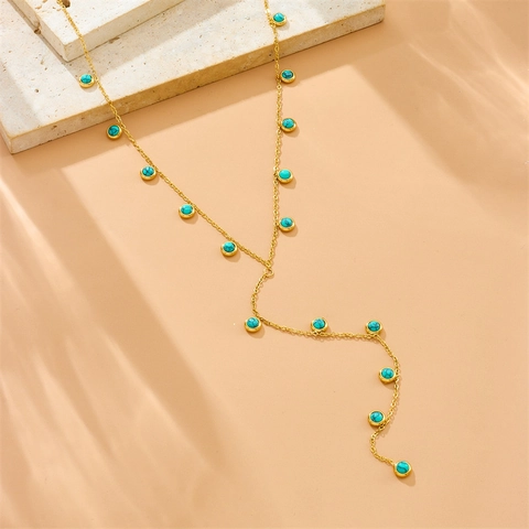 Stainless Steel Y Shape Necklace With Round Turquoise Beads Lariat Tassel Chain Fashion Jewelry For Women Minimalist