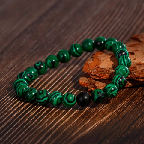 Natural Stone Beaded Bracelet Retro Matte Black Agate Malachite Elastic Cord Geometric Jewelry Unisex Charm Hand Decor