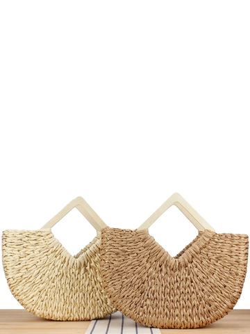 Woven Handbag With Wood Handle Paper Rope Beach Bag Gold Thread Crescent Shoulder Bag For Women Handmade Boho Style