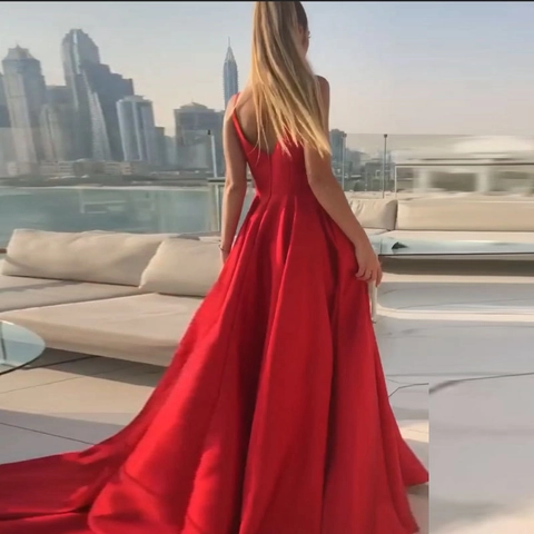 Abito Da Sera In Raso Sexy Scollo A V Spalline Sottili Spacco Alto Lunghezza Al Pavimento Elegante Vestito Da Festa Donna