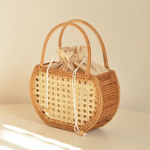 Handgefertigte Gewebte Rattan Handtasche Mit Kordelzugfutter Pastorale Strohkorb Für Frauen Urlaub Picknick Boho Stil