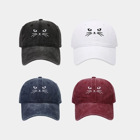 Berretto Da Baseball In Cotone Lavato Ricamo Gatto Regolabile Parasole All'Aperto Vintage Casual Per Uomini Donne