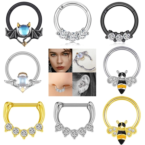 Seamless Hinged Segment Nose Ring Septum Clicker Copper Zircon Bee Angel Devil Gothic Piercing Jewelry Unisex
