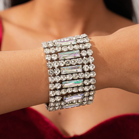 Bracciale Largo In Rame Di Lusso Con Strass Rettangolari E Tondi Gioielli Geometrici Per Donna Matrimonio Festa Elegante