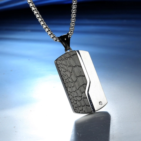 Collana Con Pendente Da Uomo Acciaio Inossidabile Texture Incrinata Nero Argento Bicolore Spazzolato Gioielli Geometrici Vintage Con Strass