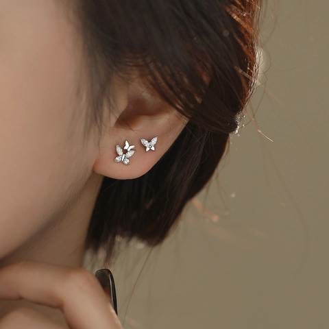 Sterling Silver Double Butterfly Stud Earrings For Women Dainty Zirconia Inlaid Minimalist Fresh Style Fashion Jewelry Gift