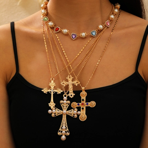 Cross Pendant Necklace Multi Layer Vintage Baroque Gothic Jewelry Alloy With Rhinestone Artificial Pearl For Men Women