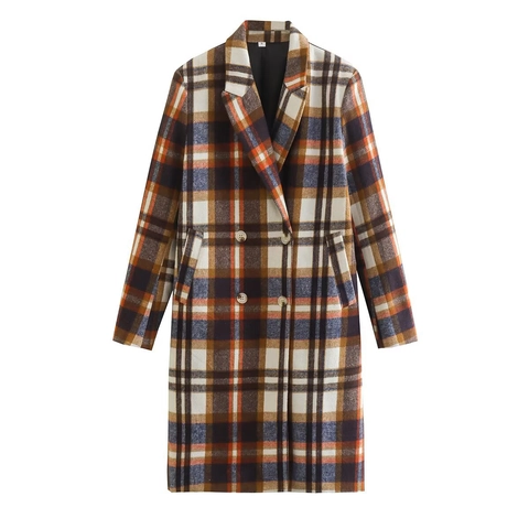 Dames Geruite Halflange Jas Double Breasted Reverskraag Lange Mouwen Retro Britse Stijl Casual Jas Met Wollook