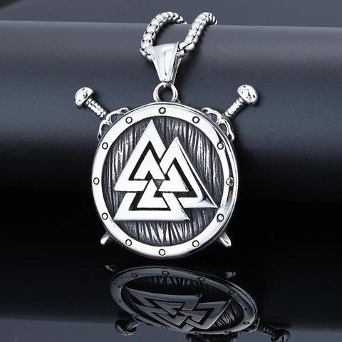 Viking Shield Sword Pendant Necklace 316L Stainless Steel Valknut Symbol Retro Nordic Mythology Men Jewelry Gift