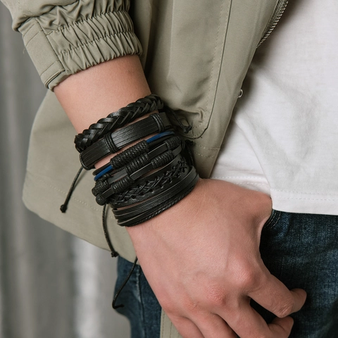 Men Bracelet Stackable Multi Layer Artificial Leather Hand Woven Cord Wood Beads Alloy Charms Vintage Retro Style Punk
