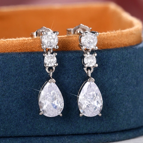 Orecchini Pendenti A Goccia Rame Zircone Placcato Oro Bianco Tre Livelli Verticale Brillante Matrimonio Sposa