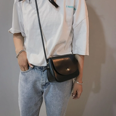 Bolso Bandolera De Mujer Cuero PU Minimalista Solapa Cuadrada Bolso De Hombro Hebilla De Metal Redonda Estilo Vintage