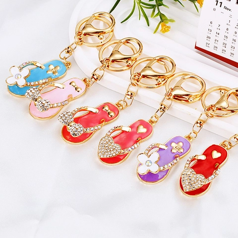 Rhinestone Flip Flop Slipper Keychain Alloy Enamel Sparkling Bag Pendant Heart Bow Charm For Women Girls Creative Gift