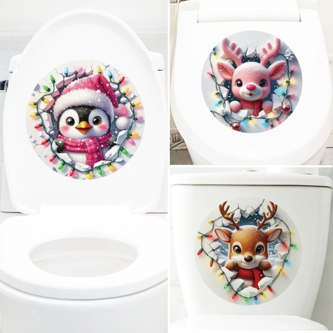 Christmas Toilet Seat Cover Sticker 3D Cartoon Reindeer Penguin PVC Removable Bathroom Decor Holiday Ornament