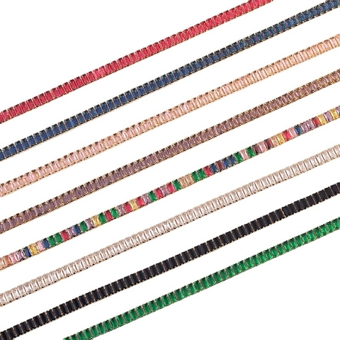 Baguette Zirkonia Tennis Ketting Koper 18K Verguld Regenboog Kleurrijk Verstelbare Choker Voor Dames